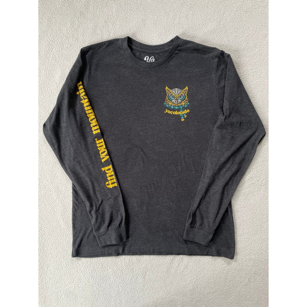 YoColorado Mens Large Long Sleeve Shirt Charcoal Owl Find Your Mountain Graphic